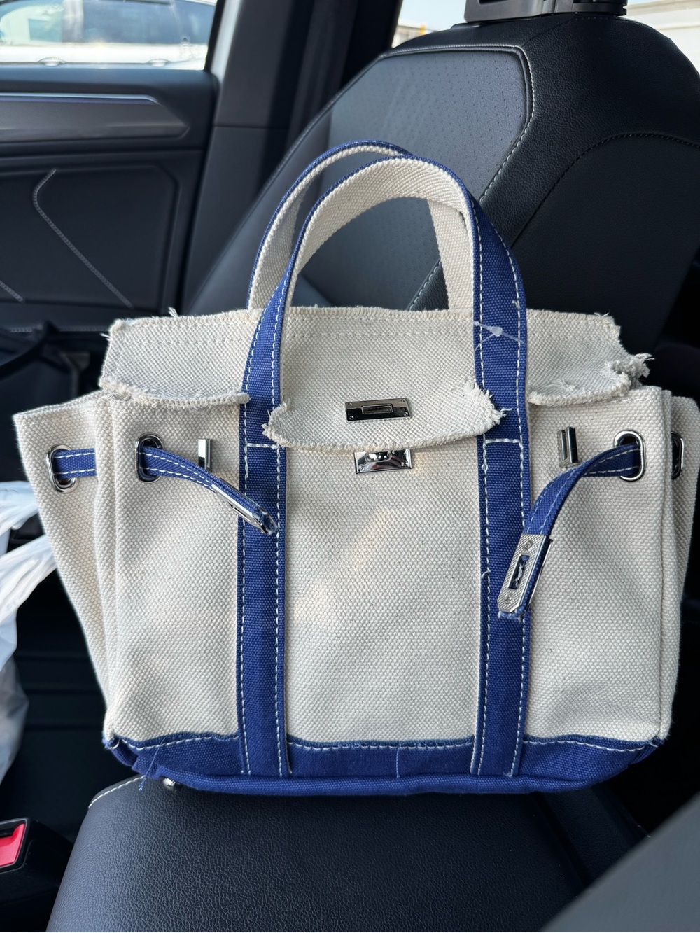 Viral Boatkin MiniCanvas Tote Bag with Blue Trim - Neutral Cream and Navy Accent